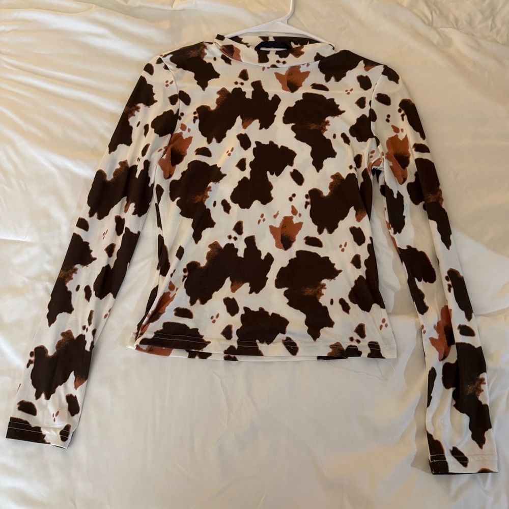 SHEIN Brown and White Cow Print Long Sleeve Top